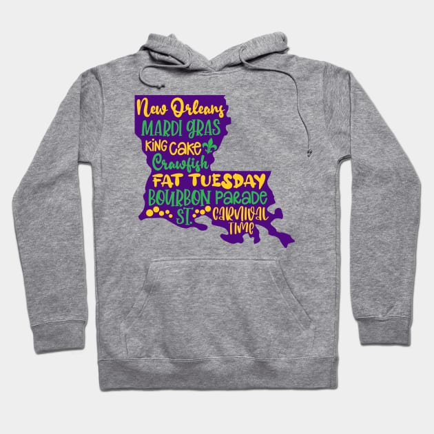 Mardi Gras, New Orleans, Louisiana Map, Funny Mardi Gras Hoodie by artbyhintze